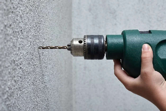 Hand hält Bohrmaschine an Wand